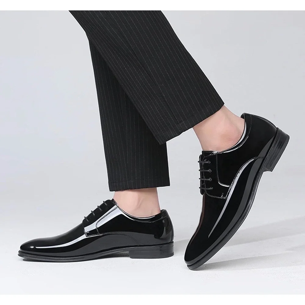 DECARSDZ Mens Black Faux Patent Leather Derby Wedding Dress Shoes Sz 10.5 NEW